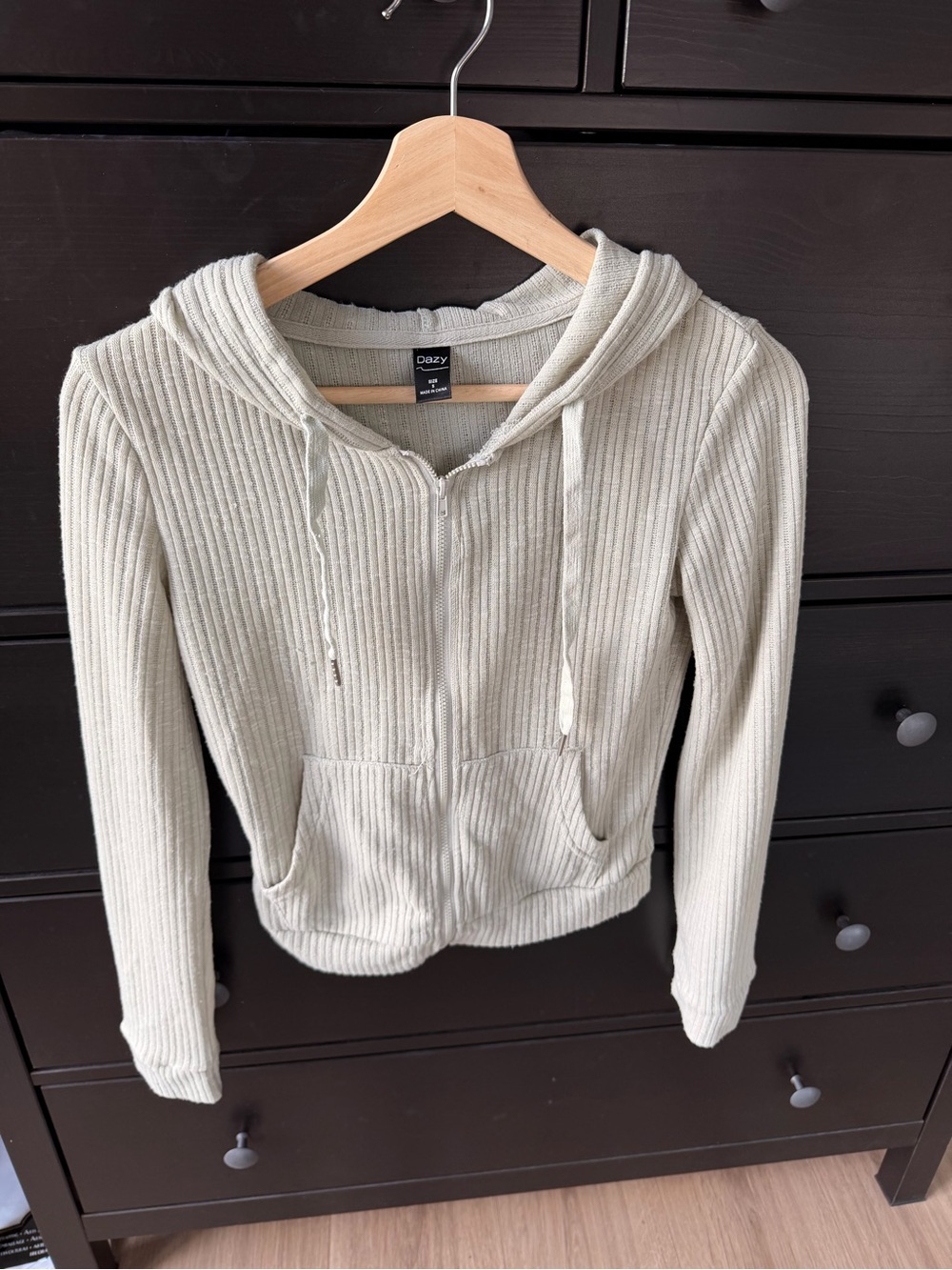 SHEIN Light Sage Ribbed Zip Hoodie with Drawstrings